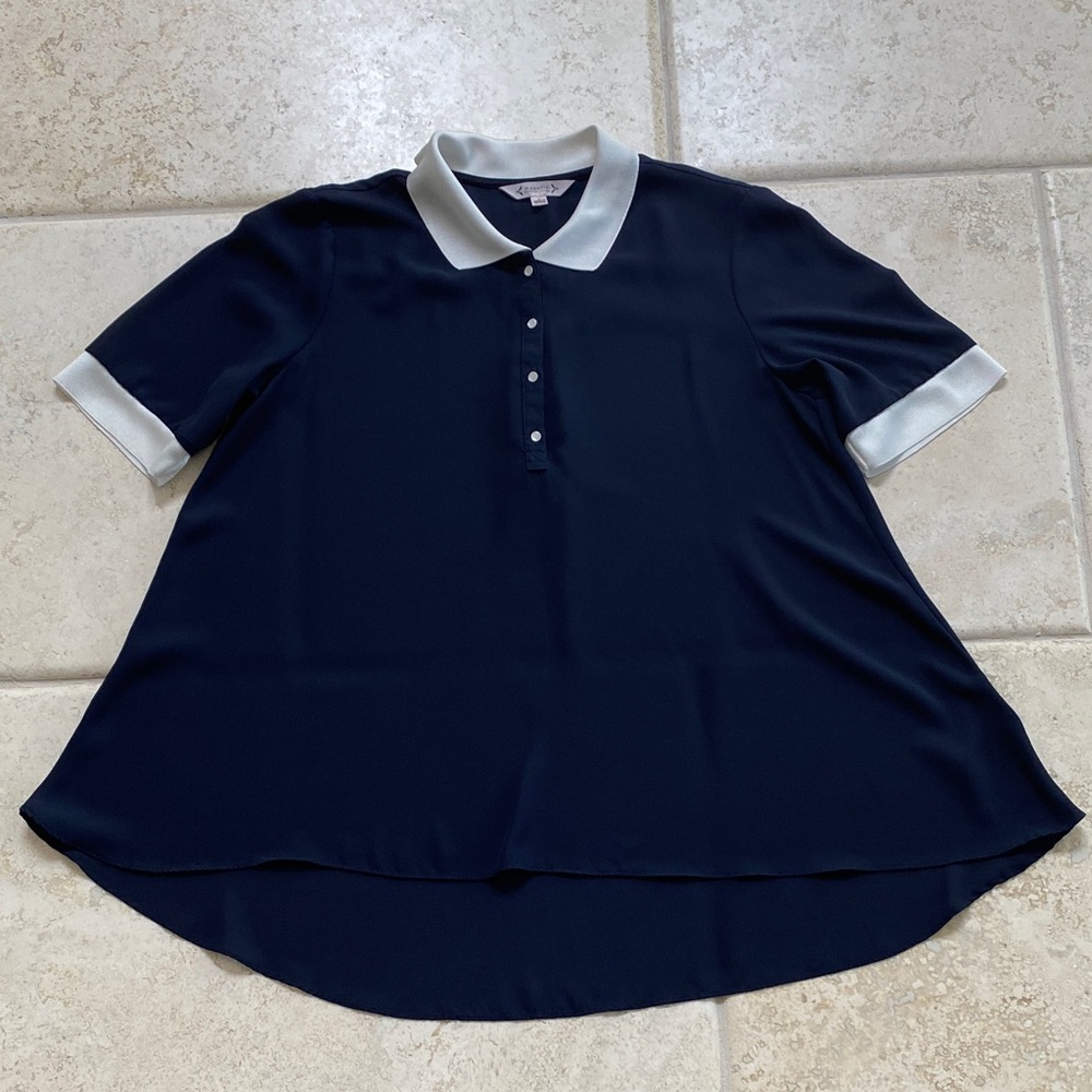 Nanette Lepore Navy Button-Down Polo Top with White Trim